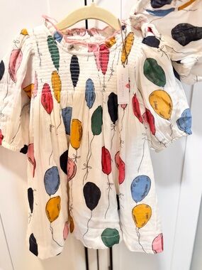 Pink Chicken Cream Balloon Print Smocked Dress